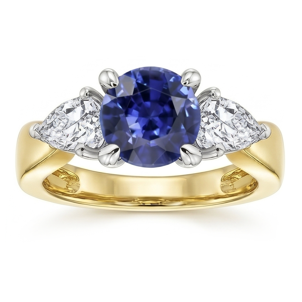 Pear Natural Earth Mined Diamond 3 Stone Blue Sapphire Ring 2 Carats Two Tone Prong Sets