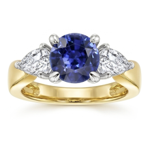 Pear Natural Earth Mined Diamond 3 Stone Blue Sapphire Ring 2 Carats Two Tone Prong Sets