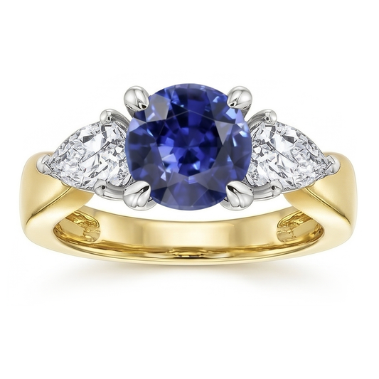 Pear Natural Earth Mined Diamond 3 Stone Blue Sapphire Ring 2 Carats Two Tone Prong Sets
