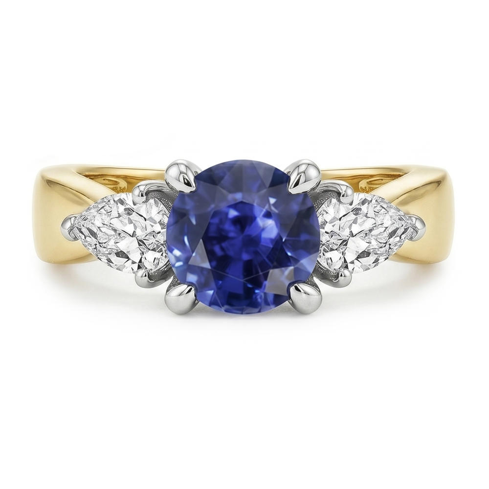 Pear Natural Earth Mined Diamond 3 Stone Blue Sapphire Ring 2 Carats Two Tone Prong Sets
