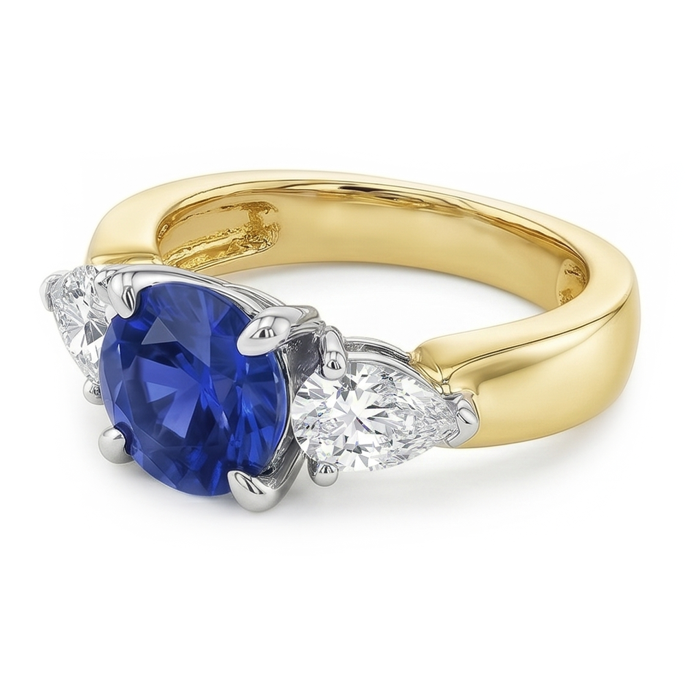 Pear Natural Earth Mined Diamond 3 Stone Blue Sapphire Ring 2 Carats Two Tone Prong Sets
