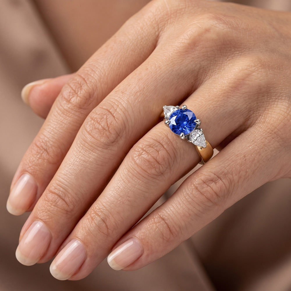 Pear Natural Earth Mined Diamond 3 Stone Blue Sapphire Ring 2 Carats Two Tone Prong Sets