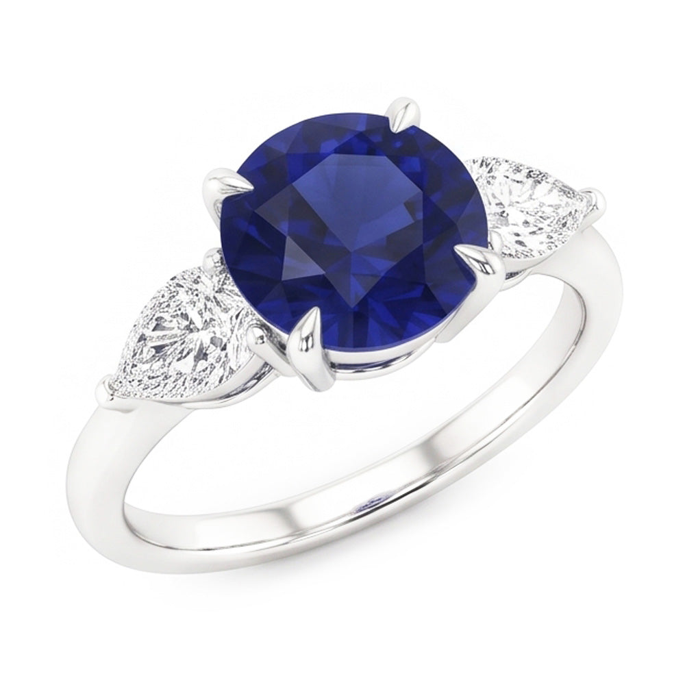 Pear Natural Earth Mined Diamond 3 Stone Ring Round Cut Blue Sapphire Jewellery 3 Carats