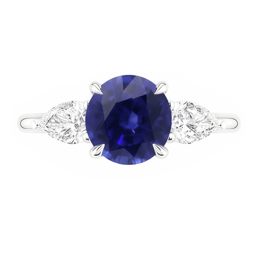 Pear Natural Earth Mined Diamond 3 Stone Ring Round Cut Blue Sapphire Jewellery 3 Carats