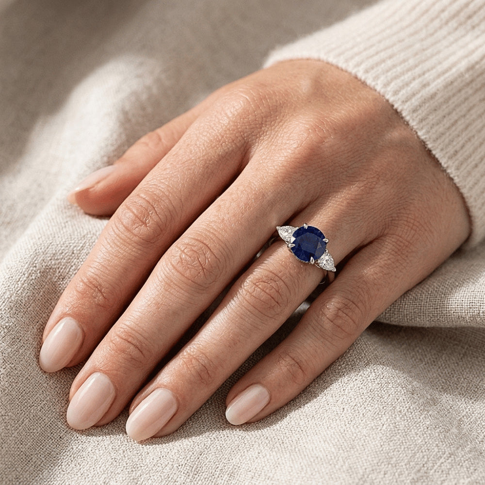 Pear Natural Earth Mined Diamond 3 Stone Ring Round Cut Blue Sapphire Jewellery 3 Carats