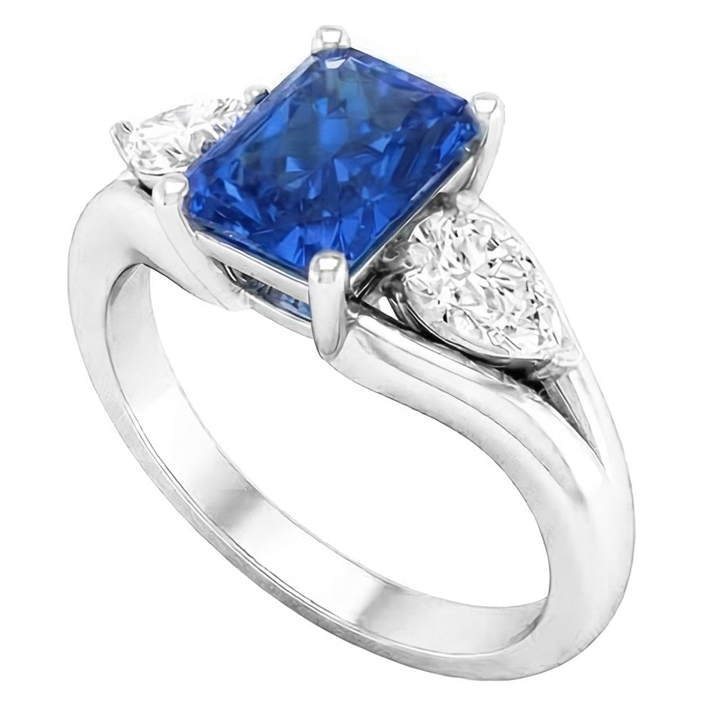Pear Natural Earth Mined Diamond Radiant Blue Sapphire Ring 3 Carats V Split Shank 3 Stone