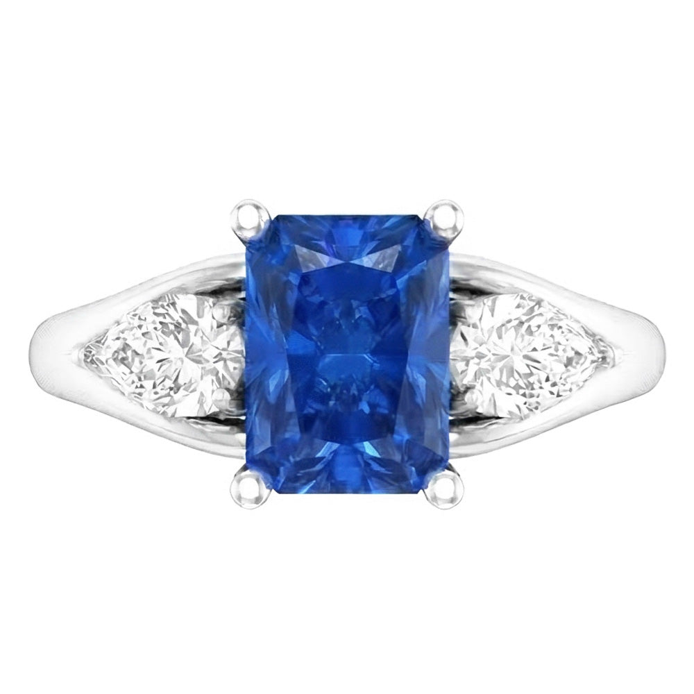 Pear Natural Earth Mined Diamond Radiant Blue Sapphire Ring 3 Carats V Split Shank 3 Stone
