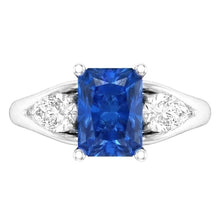 Pear Natural Earth Mined Diamond Radiant Blue Sapphire Ring 3 Carats V Split Shank 3 Stone
