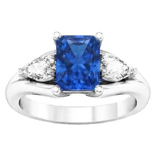 Pear Natural Earth Mined Diamond Radiant Blue Sapphire Ring 3 Carats V Split Shank 3 Stone