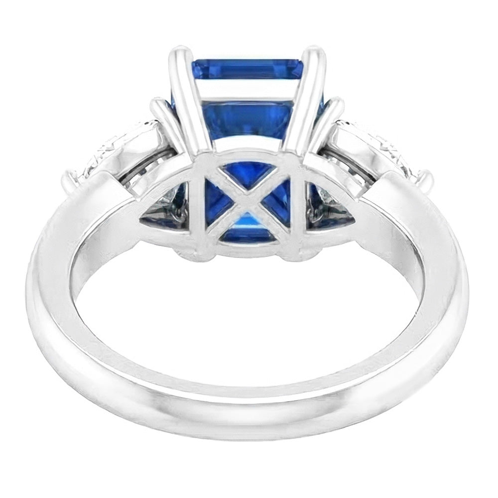 Pear Natural Earth Mined Diamond Radiant Blue Sapphire Ring 3 Carats V Split Shank 3 Stone