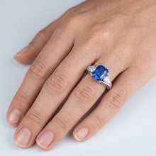 Pear Natural Earth Mined Diamond Radiant Blue Sapphire Ring 3 Carats V Split Shank 3 Stone