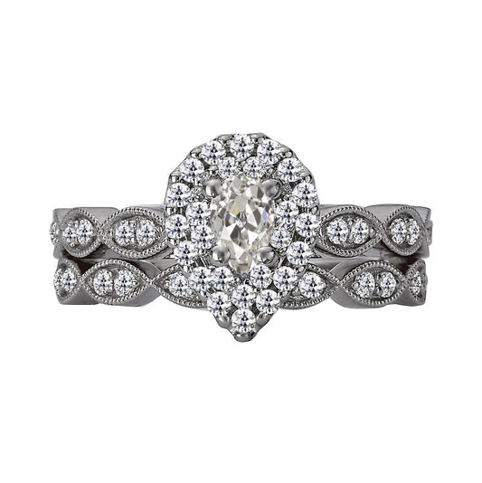 Pear Old Mine Cut Diamond Halo Real Wedding Ring Set Milgrain 4 Carats