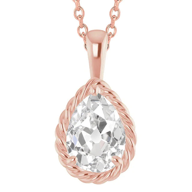 Pear Old Mine Real Diamond Slide Pendant With Chain 3 Carats Rose Gold 14K