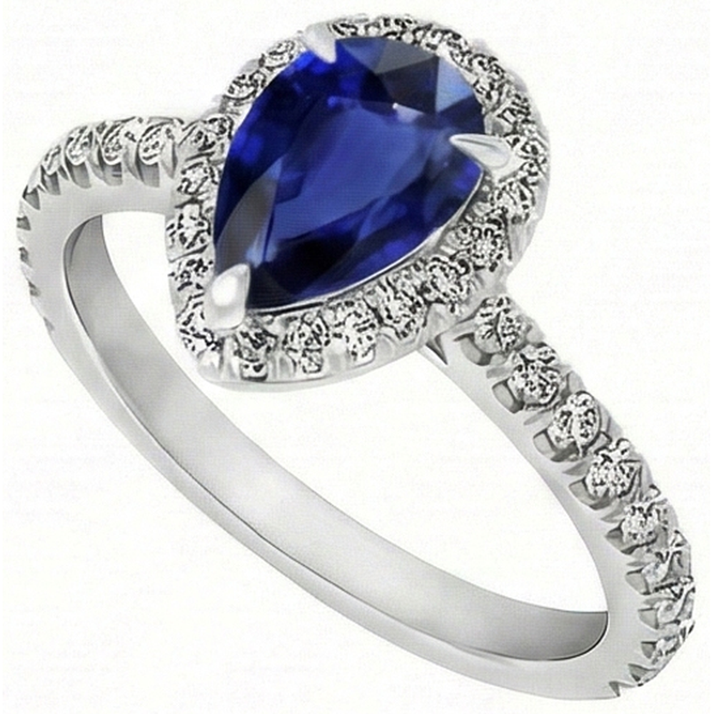 Pear Cut Blue Sapphire ring in 14K White Gold – side view