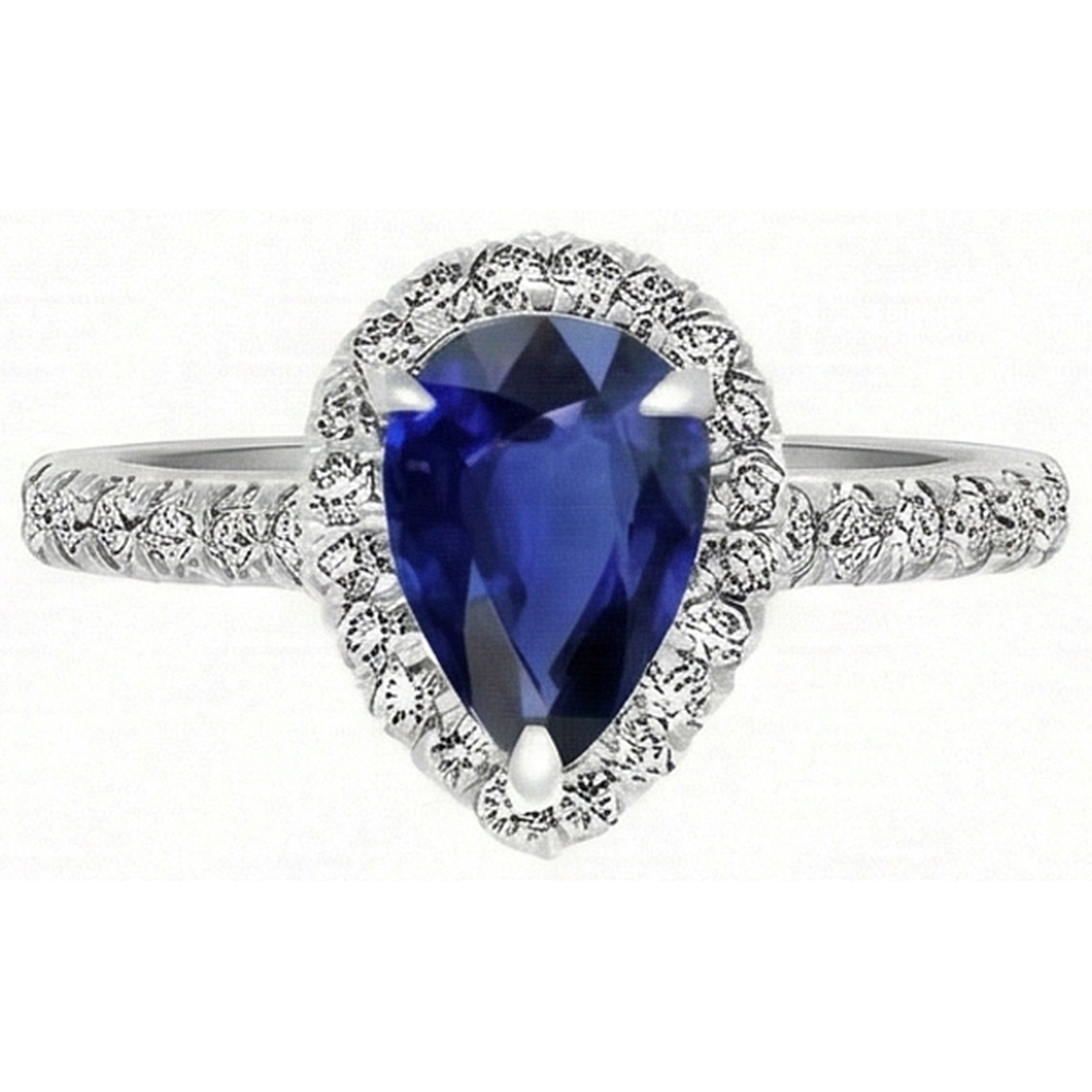 Pear Cut Blue Sapphire ring in 14K White Gold – front view