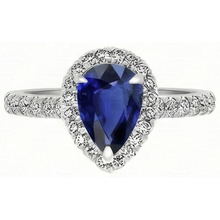 Pear Cut Blue Sapphire ring in 14K White Gold – front view