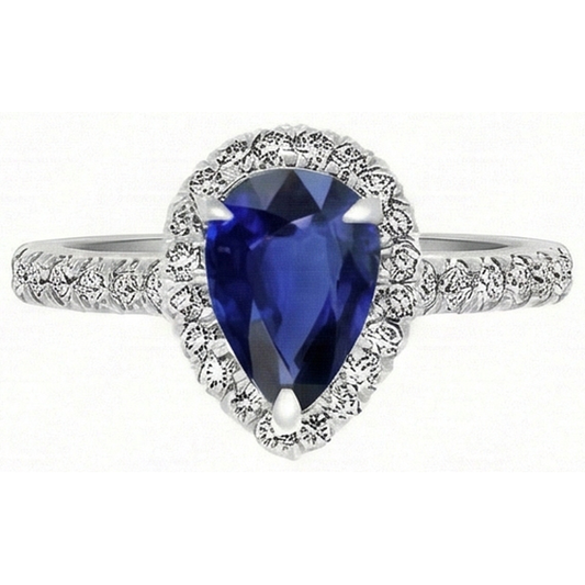 Pear Cut Blue Sapphire ring in 14K White Gold – front view