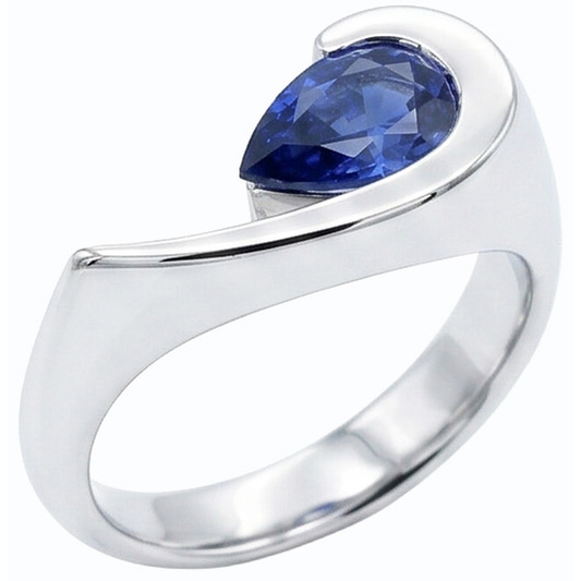Pear Solitaire Ring Blue Sapphire 1 Carat Half Bezel Set White Gold