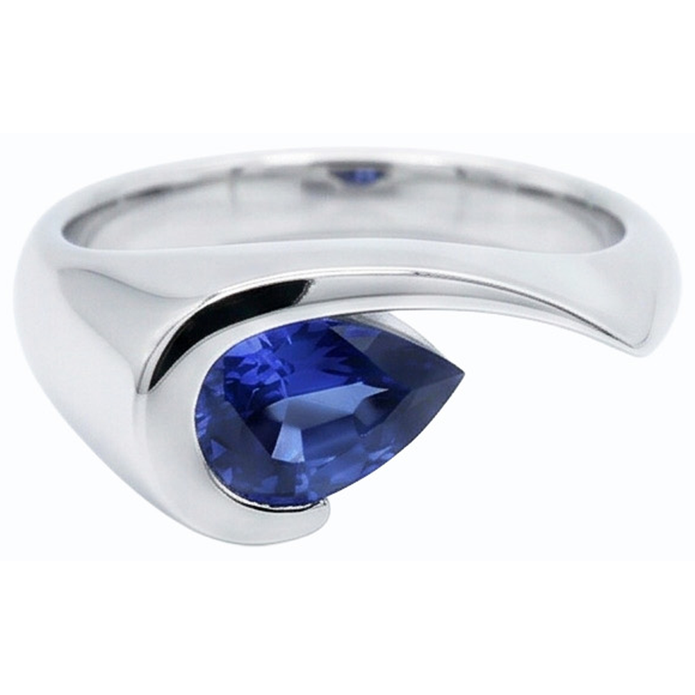 Pear Solitaire Ring Blue Sapphire 1 Carat Half Bezel Set White Gold