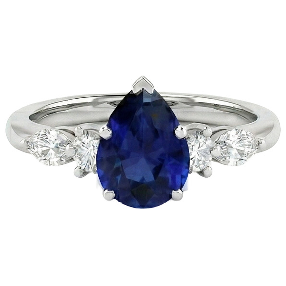 Pear Solitaire Ring Blue Sapphire With Natural Earth Mined DIAMOND ( NOT LAB GROWN )s Accents 3.50 Carats
