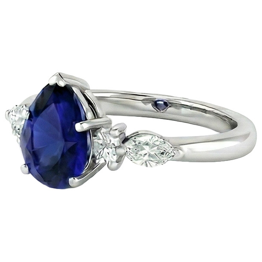 Pear Solitaire Ring Blue Sapphire With Natural Earth Mined DIAMOND ( NOT LAB GROWN )s Accents 3.50 Carats