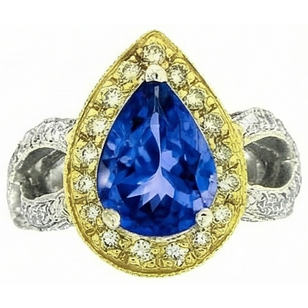 Pear Tanzanite And Natural Earth Mined DIAMOND ( NOT LAB GROWN )s 4.51 Ct Antique Style Ring Two Tone Gold