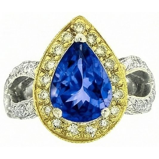 Pear Tanzanite And Natural Earth Mined DIAMOND ( NOT LAB GROWN )s 4.51 Ct Antique Style Ring Two Tone Gold