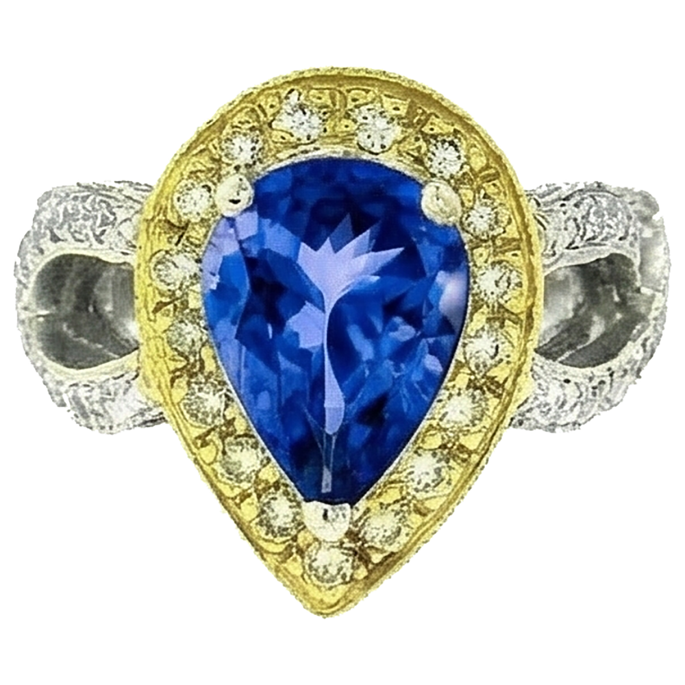 Pear Tanzanite And Natural Earth Mined DIAMOND ( NOT LAB GROWN )s 4.51 Ct Antique Style Ring Two Tone Gold