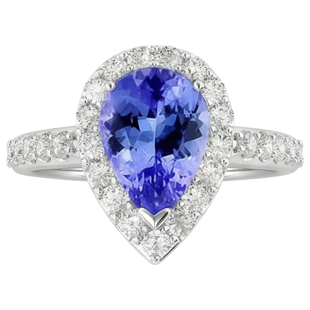 Pear Tanzanite With Round Natural Earth Mined Diamonds 3.95 Carats Ring 14K White Gold