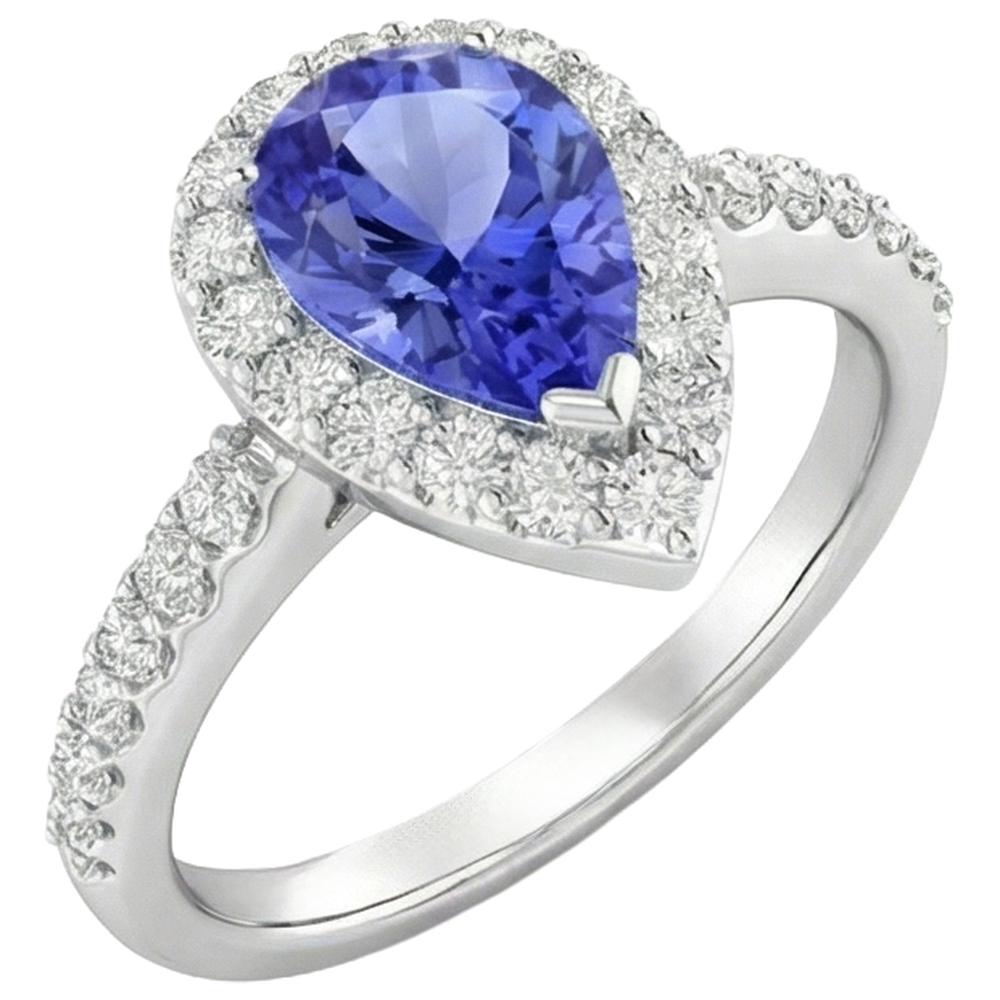 Pear Tanzanite With Round Natural Earth Mined Diamonds 3.95 Carats Ring 14K White Gold