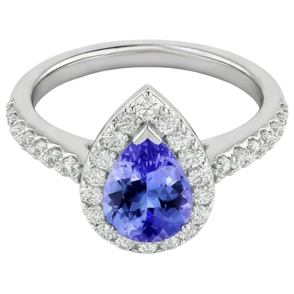 Pear Tanzanite With Round Natural Earth Mined Diamonds 3.95 Carats Ring 14K White Gold
