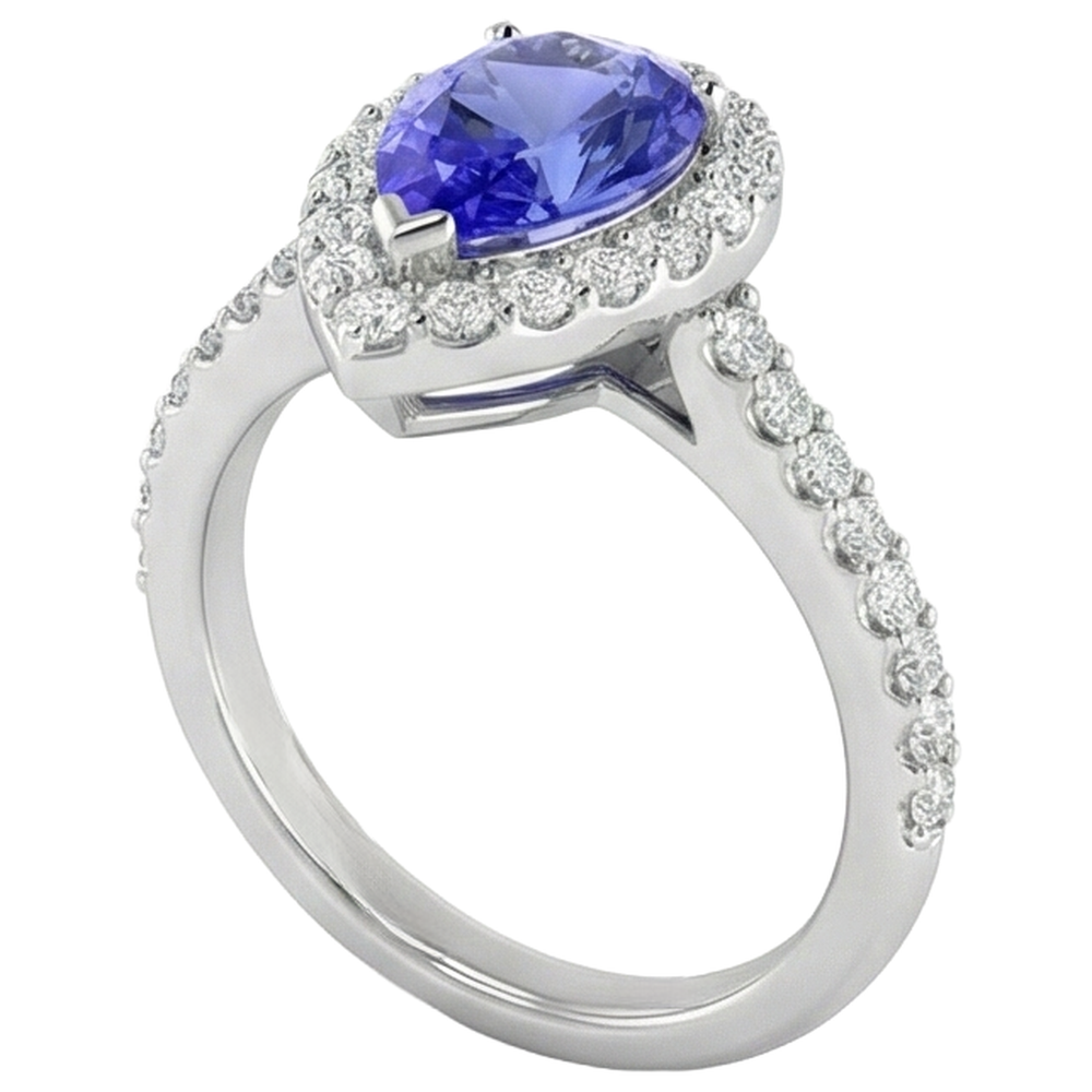 Pear Tanzanite With Round Natural Earth Mined Diamonds 3.95 Carats Ring 14K White Gold