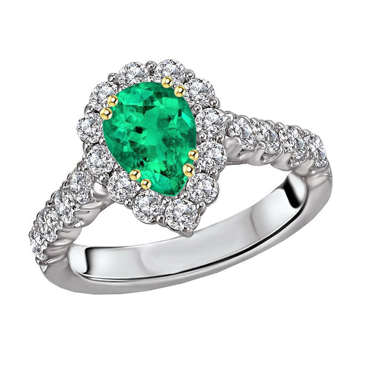 Colombian Emerald Pear Shape Precious Stone Ring in 14K Two Tone Gold – main view