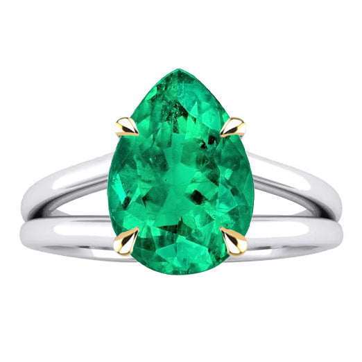 Colombian Emerald Pear Shape Precious Stone Ring in Two-Tone 14K Gold – main view
