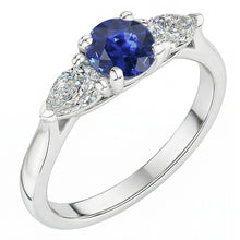Pear Natural Earth Mined Diamond Three Stone Round Blue Sapphire Ring 1.50 Carats