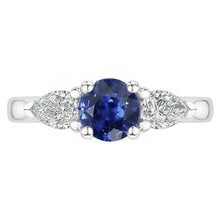 Pear Natural Earth Mined Diamond Three Stone Round Blue Sapphire Ring 1.50 Carats