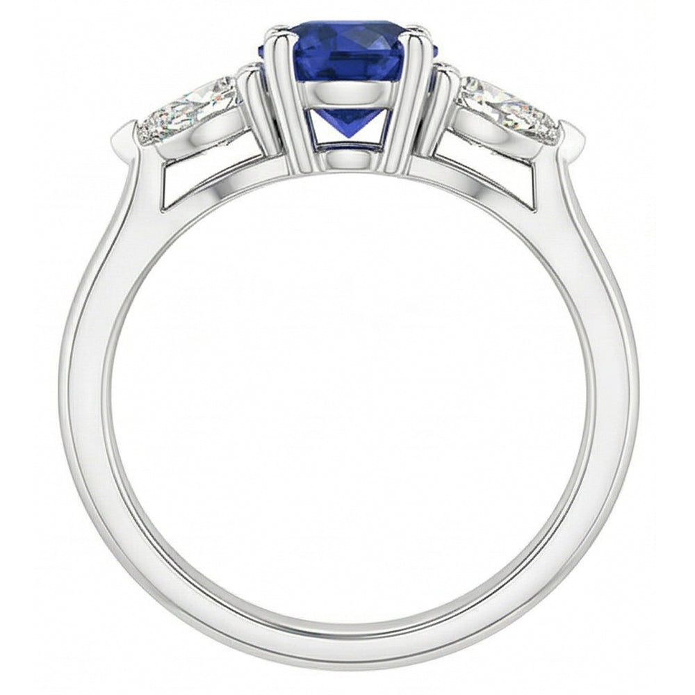Pear Natural Earth Mined Diamond Three Stone Round Blue Sapphire Ring 1.50 Carats