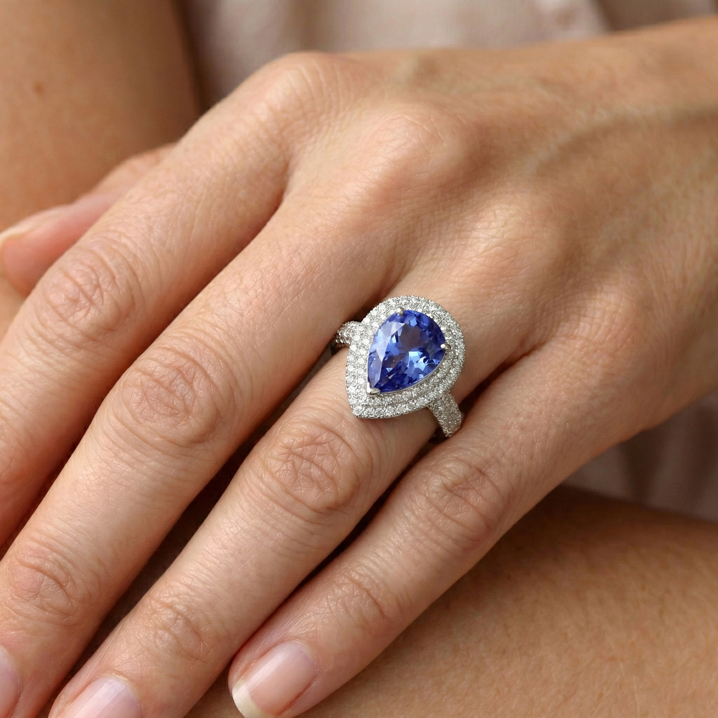 Pear & Round Sri Lankan Blue Sapphire Natural Earth Mined DIAMOND ( NOT LAB GROWN ) Ring 4.40 Carat WG 14K