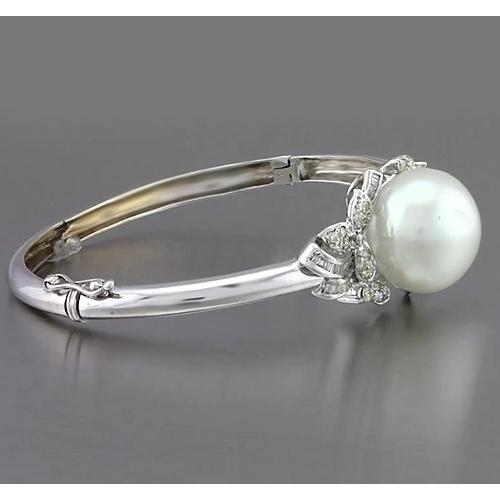 Pearl And Natural Diamond Bangle 20 Mm 3 Carats Baguette Round White Gold 14K2