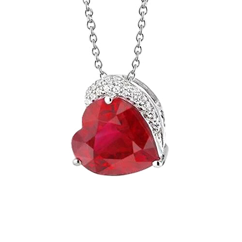Pendant Necklace Gold Heart Shape Ruby With Diamonds 6.25 Ct.
