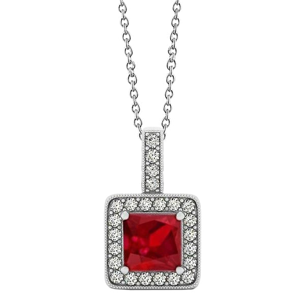 Pendant Necklace Gold Princess Ruby With Diamonds 4.60 Ct.