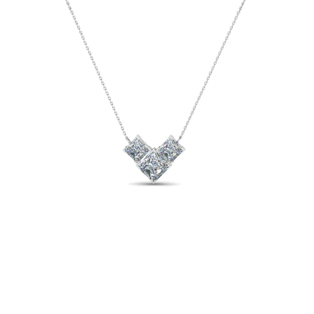 Pendant Necklace White Gold 1.5 Carats Princess Cut Real Diamonds