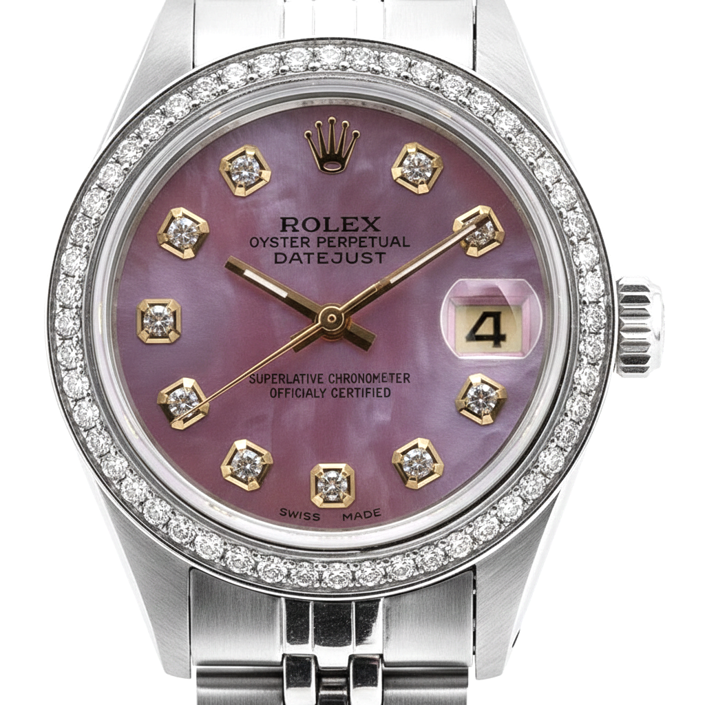 Perpetual Rolex Date Just Burgundy Dial Bezel Ss Jubilee Ladies Watch