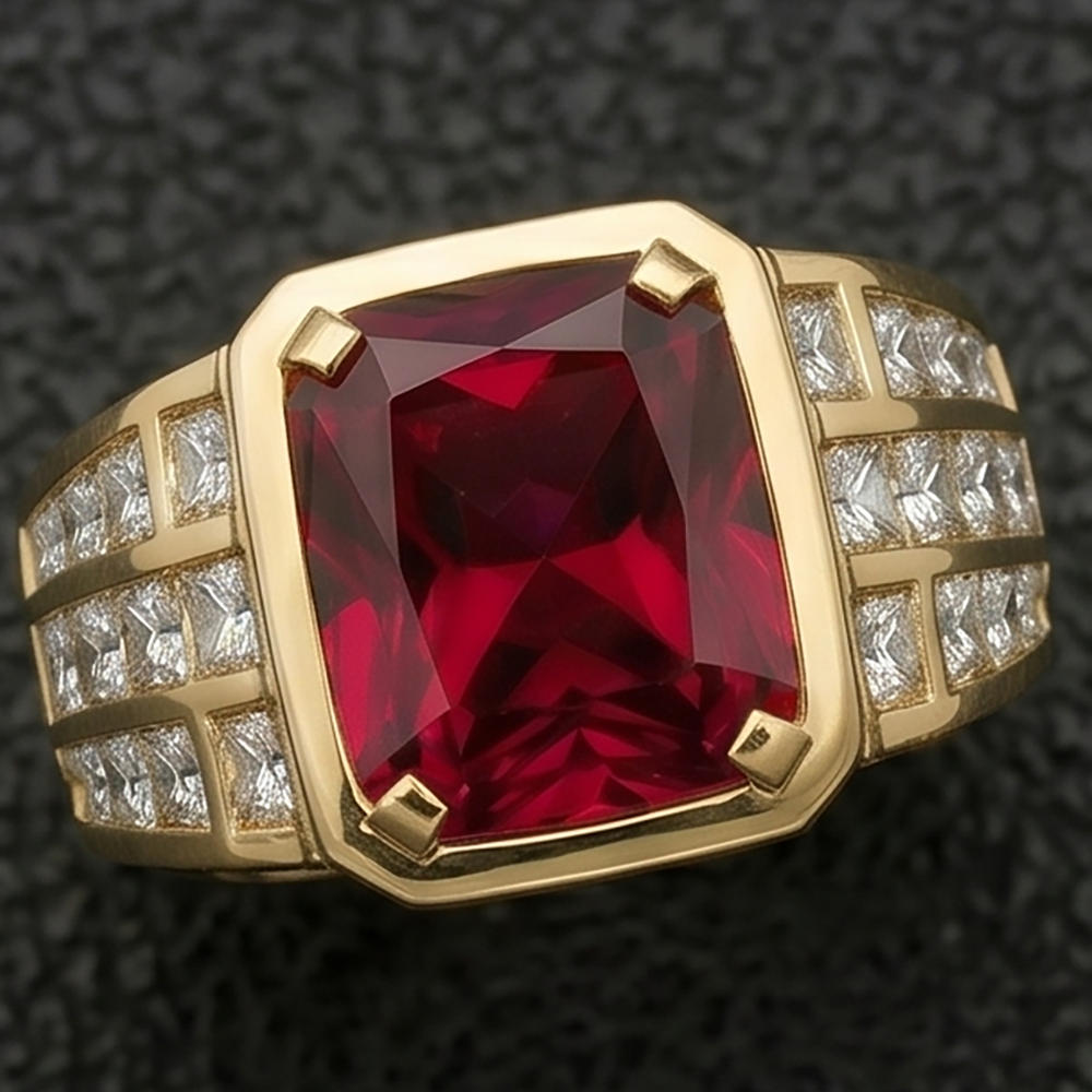 Pigeon Blood Ruby Radiant Cut Mens Ring 11.00 ct – 10K Yellow