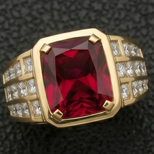 Pigeon Blood Ruby Radiant Cut Mens Ring 11.00 ct – 10K Yellow