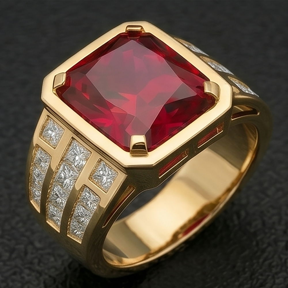 Pigeon Blood Ruby Radiant Cut Mens Ring 11.00 ct – 10K Yellow