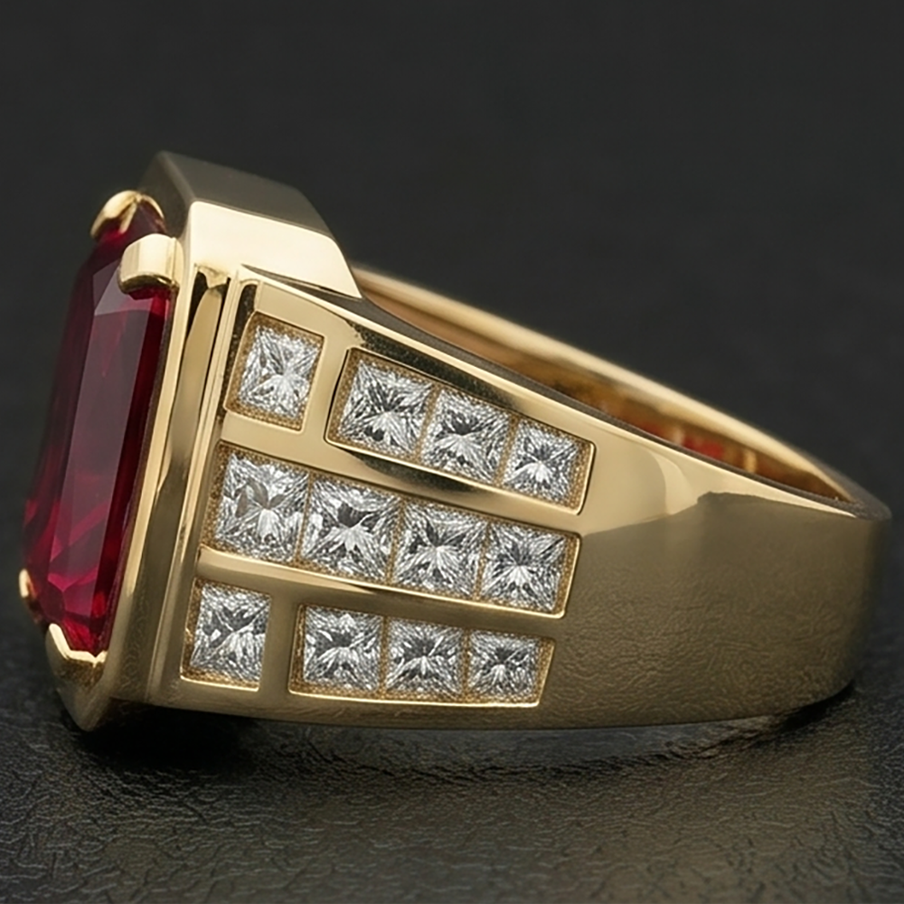 Pigeon Blood Ruby Radiant Cut Mens Ring 11.00 ct – 10K Yellow