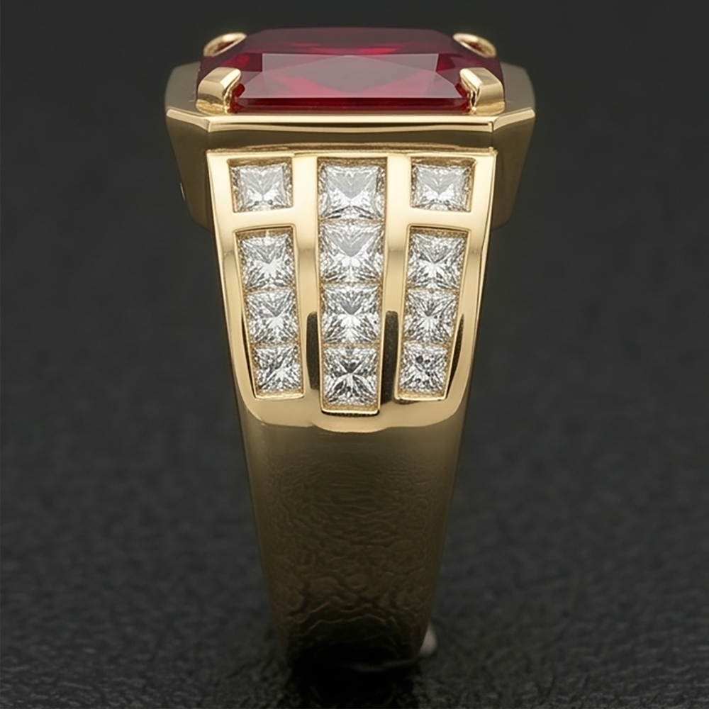 Pigeon Blood Ruby Radiant Cut Mens Ring 11.00 ct – 10K Yellow