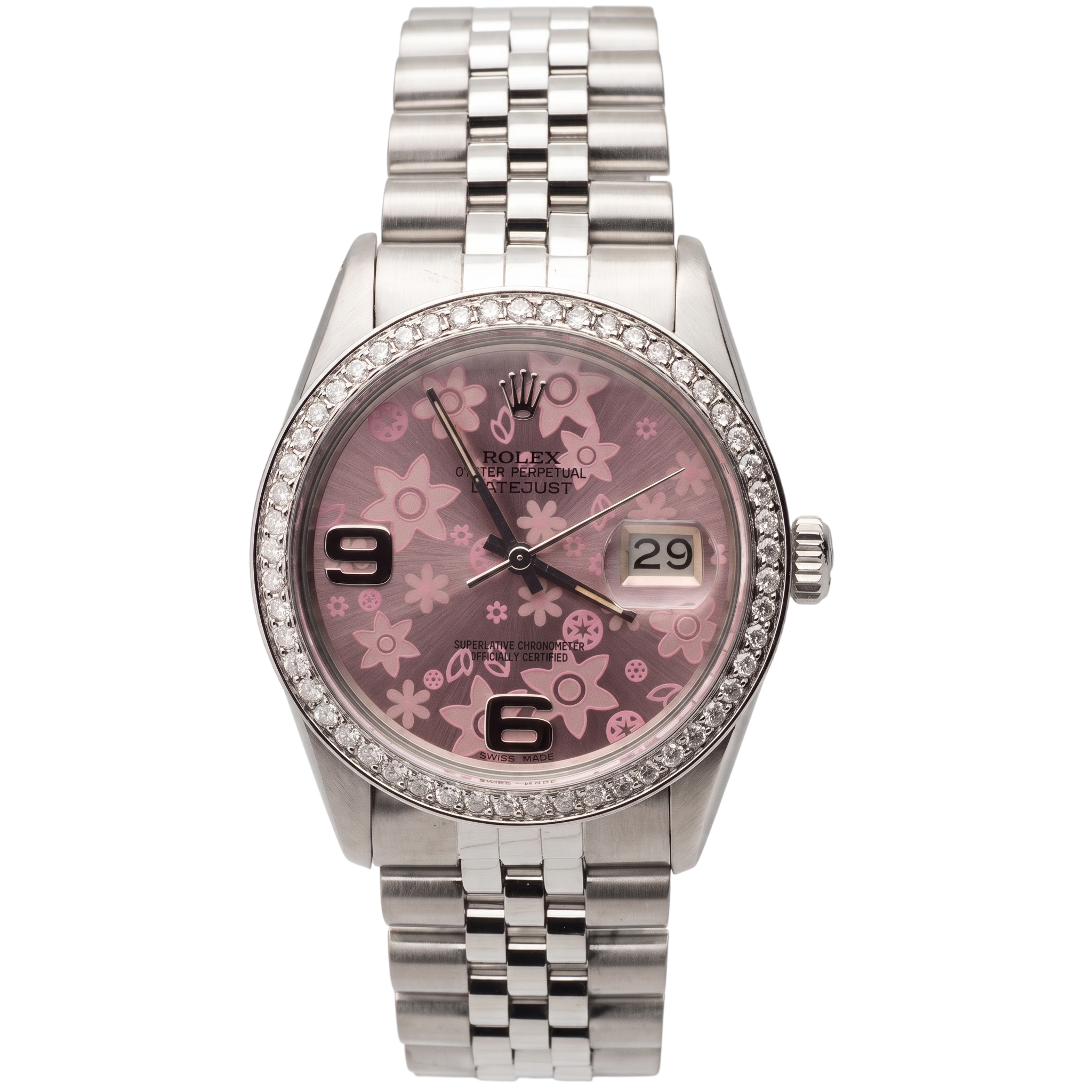 Pink Flower Dial Rolex Watch Ss Jubilee Natural Earth Mined Diamond Rolex Date Just QUICK SET