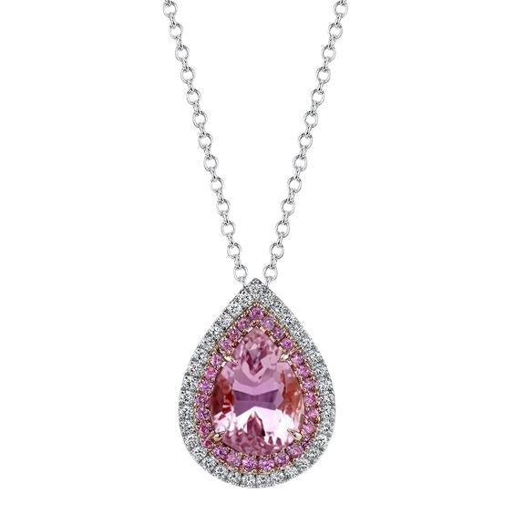 Pink Kunzite And Diamond Necklace Pendant 14K White Gold 11.75 Ct.